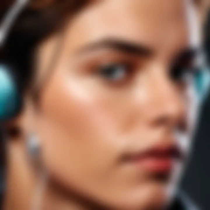 Close-up of a user wearing wired earbuds, emphasizing comfort and fit