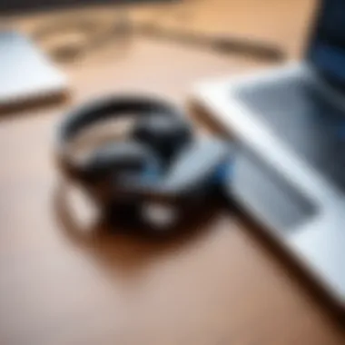 A sleek Bluetooth headset on a desk with a laptop