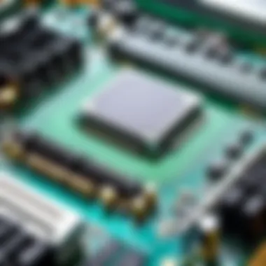 A detailed view of a motherboard with CPU and RAM installed