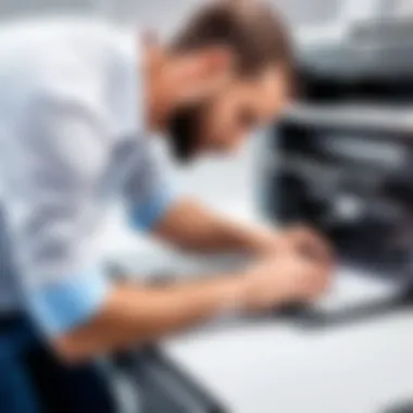 Technician performing maintenance on a Canon printer.