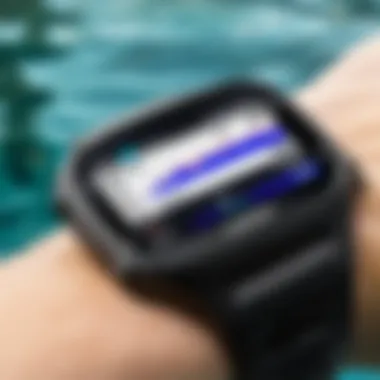 Swimming Metrics on Garmin Device Garmin watch displaying swimming metrics