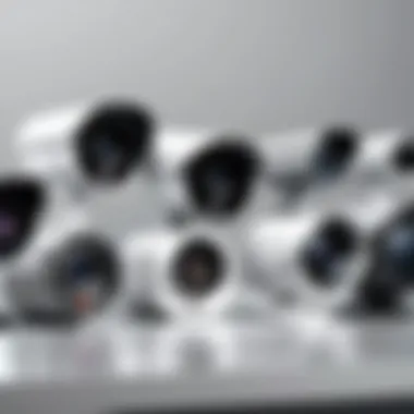 Different types of security cameras displayed on a table