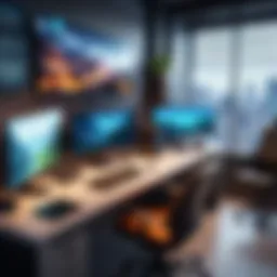 Conceptual illustration of a game development workspace