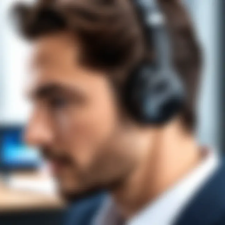 IT professional using Bluetooth headset at a workspace