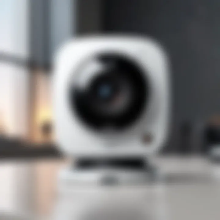 A sophisticated indoor security camera capturing video and audio.