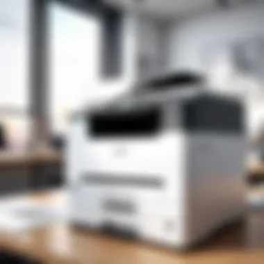 Efficient Office Printer A sleek printer in a modern office setting, emphasizing its efficiency.