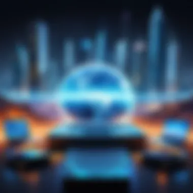 The Future of Online Development Ecosystems Futuristic concept art depicting the evolution of online development ecosystems.