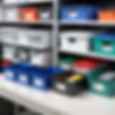 An organized workspace featuring labeled storage bins, highlighting the effectiveness of virtual label makers.