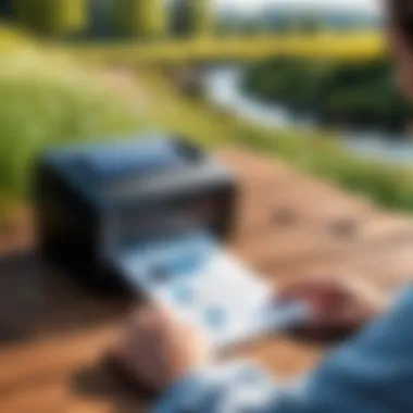 Mobile Printer in Outdoor Environment User operating a mobile printer in an outdoor setting