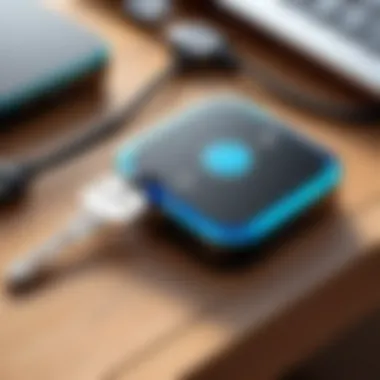 A close-up of a Bluetooth tracker attached to a set of keys.