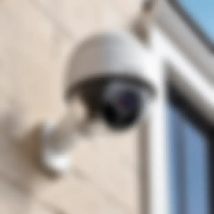 A modern home video surveillance camera mounted on exterior wall