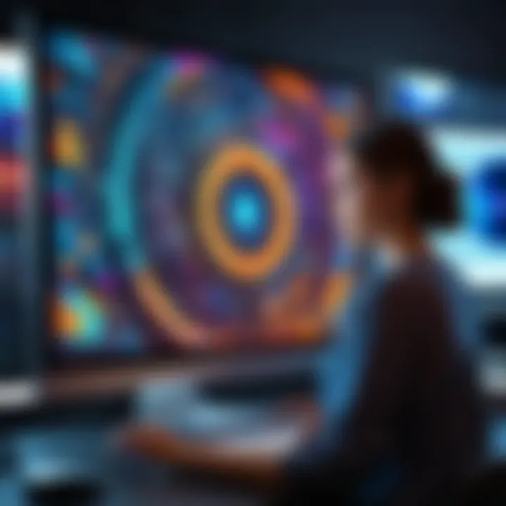 A graphic designer at work, utilizing a large monitor to illustrate intricate designs and color palettes.