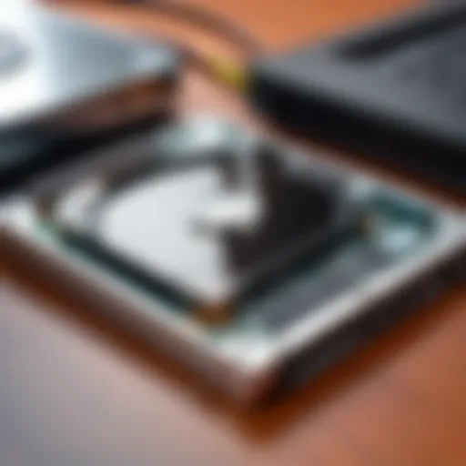 A close-up view of an SSD next to an HDD on a desk