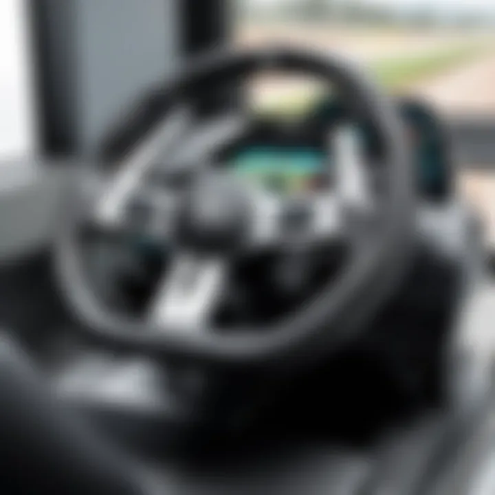 A racing simulator setup featuring the Logitech Direct Drive Wheel in action.