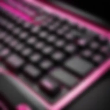 Close-up of MSI pink gaming laptop keyboard demonstrating innovative layout