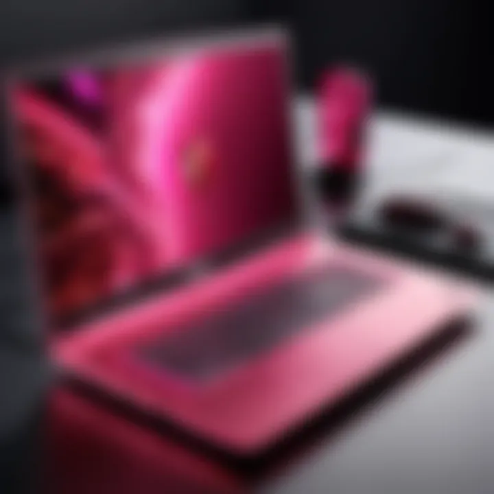 MSI pink gaming laptop in a gaming setup highlighting its usability