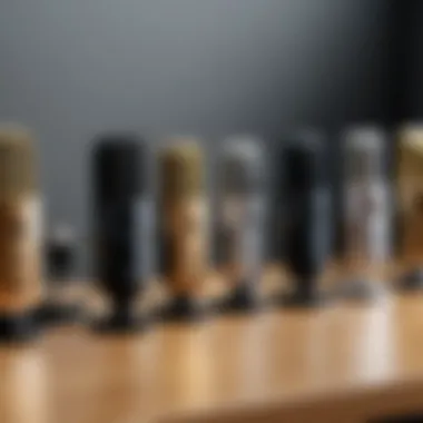 Variety of USB microphones lined up on a table